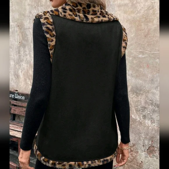 Women's Sleeveless Jacket With Fluffy Leopard Print Collar, Warm For Autumn/Wint - Picture 2 of 4